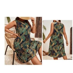 🆕 Shein Boho Tropical Plant Print Round Neck Sleeveless Short Casual Dress 4X🆕